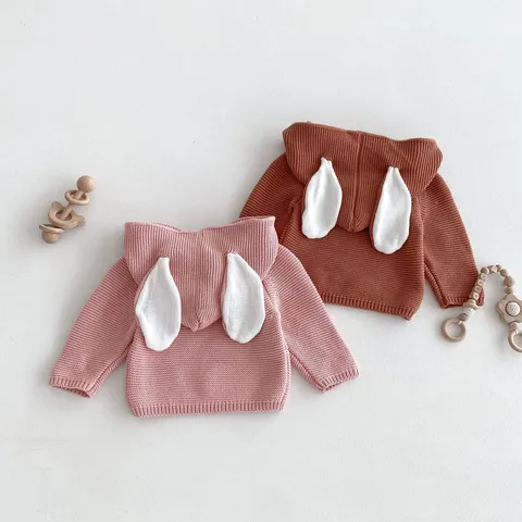 Baby Kids Hooded Knit Sweater Cute Rabbit Ears Long Sleeve Pullover Toddler Autumn Top
