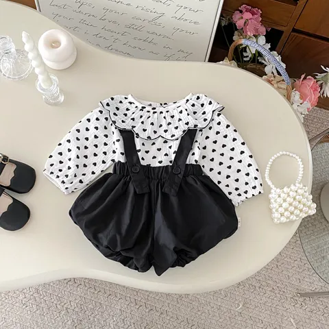 Baby Girls Fall Clothes Set Long Sleeve Doll Collar Heart Print Shirt And Suspender Shorts Infant Toddler Outfit Top And Bottom