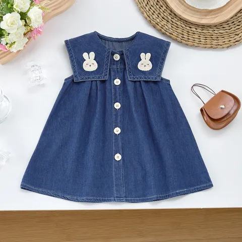 Vestido de Denim Sin Mangas de Verano para Niñas Cuello Marinero Lindo Bordado de Conejo Estilo Preppy Vestido de Chaleco para Niños