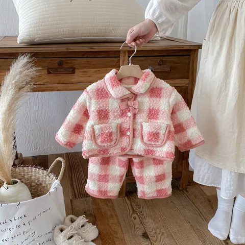 Baby Girls Winter Fleece Lined Padded Plaid Coat And Pants Set Infant Toddler Warm Long Sleeve Jacket Outfit