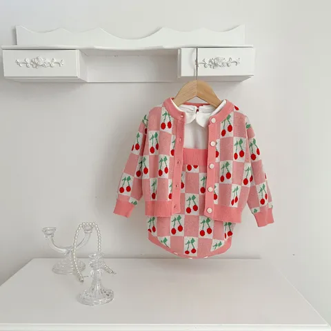 Infant Baby Girls Knit Sweater Set Cute Cherry Jacquard Cardigan Romper Korean Style Toddler Outfit