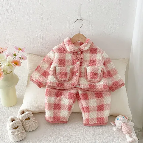 Baby Girls Winter Fleece Lined Padded Plaid Coat And Pants Set Infant Toddler Warm Long Sleeve Jacket Outfit
