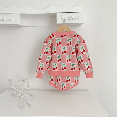 Infant Baby Girls Knit Sweater Set Cute Cherry Jacquard Cardigan Romper Korean Style Toddler Outfit