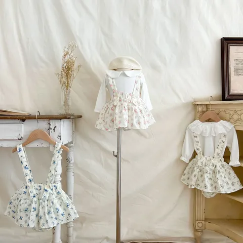 Baby Girls Floral Strappy Romper Dress And Cotton Undershirt Sweet Korean Style Infant Toddler Casual Daily Wear Clothing Set