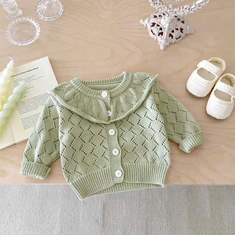 Baby Girls Knit Cardigan Autumn Cotton Hollow Out Ruffle Collar Long Sleeve Sweaters Infant Toddler Clothes