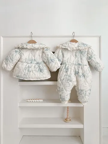 Baby Girls Thickened Warm Romper Outerwear Lace Trim Floral Print Winter Jacket