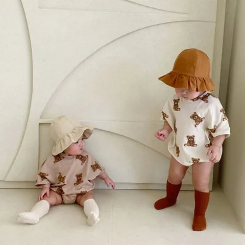 Infant Baby Boys Girls Summer Cute Bear Print Short Sleeve Cotton Romper Newborn Korean Style Jumpsuit Baby Bodysuit