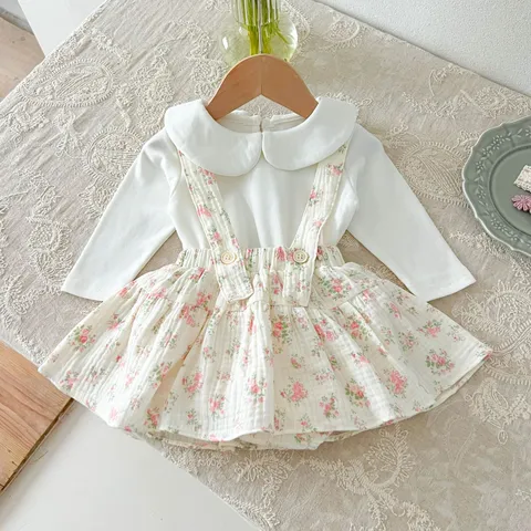 Baby Girls Floral Strappy Romper Dress And Cotton Undershirt Sweet Korean Style Infant Toddler Casual Daily Wear Clothing Set