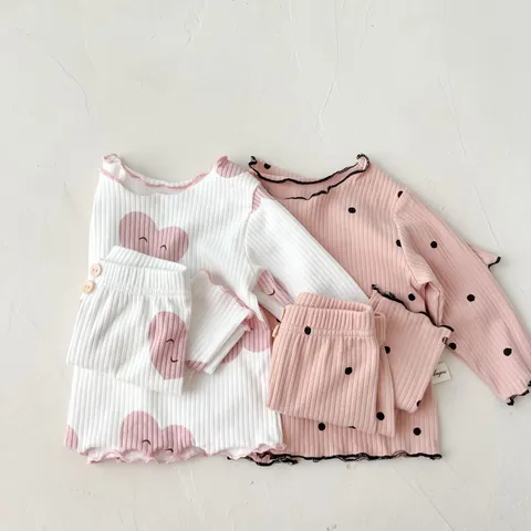 Infant Baby Girls Long Sleeve Ribbed Cotton Sleepwear Set Lettuce Trim Cute Heart Polka Dot Toddler Pajamas