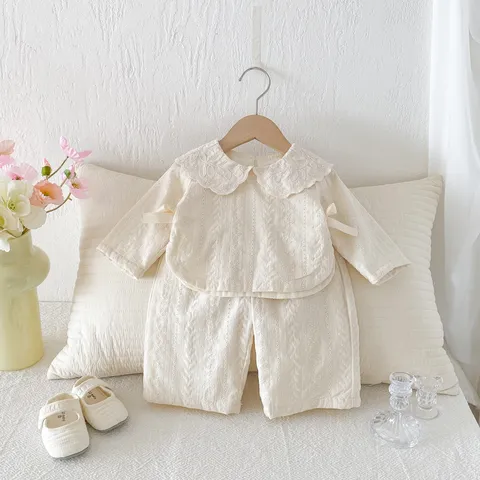 Baby Girls Fall Outfit Set Long Sleeve Ruffle Collar Jacquard Top And Wide Leg Pants Toddler Children Clothing