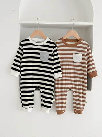 Infant Baby Unisex Long Sleeve Striped Cotton Romper Newborn Casual Bodysuit Pocket Spring Autumn Daily Wear Baby Clothes