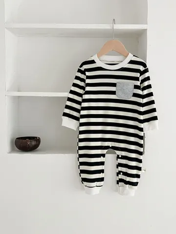 Infant Baby Unisex Long Sleeve Striped Cotton Romper Newborn Casual Bodysuit Pocket Spring Autumn Daily Wear Baby Clothes