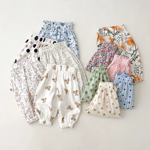 Baby Kids Cotton Anti Mosquito Pants Summer Thin Casual Bottoms Cute Floral Printed Elastic High Waist Jogger Pants