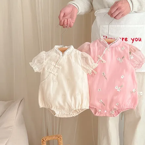 Baby Girls Summer Chinese Style Cheongsam Romper Infant Cute Floral Embroidery Short Sleeve Cotton Bodysuit Newborn Party Jumpsuit