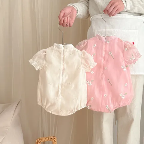 Baby Girls Summer Chinese Style Cheongsam Romper Infant Cute Floral Embroidery Short Sleeve Cotton Bodysuit Newborn Party Jumpsuit