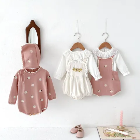 Infant Baby Girl Cotton Knit Romper Long Sleeve Floral Embroidered Jumpsuit Spring Crawler Outfit