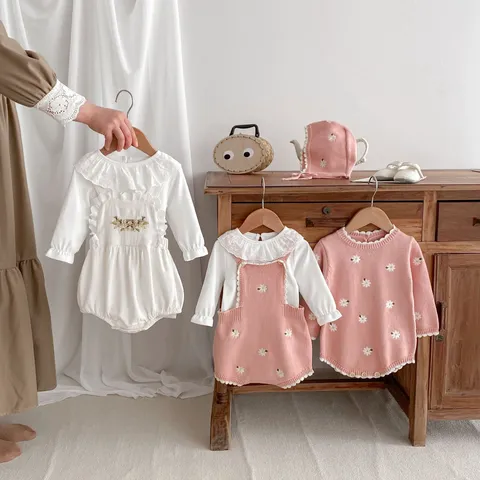 Infant Baby Girl Cotton Knit Romper Long Sleeve Floral Embroidered Jumpsuit Spring Crawler Outfit