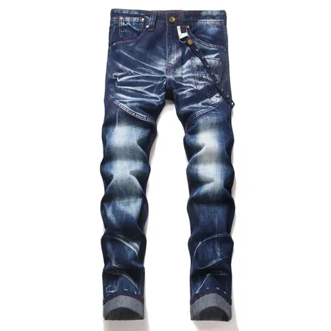 Herren Slim Fit Skinny Denim Jeans Gewaschen Vintage Distressed Wolken Stickerei Lässig Streetwear Lange Hose Blau