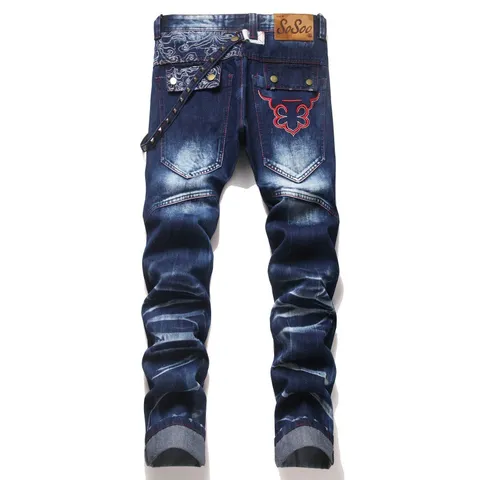 Herren Slim Fit Skinny Denim Jeans Gewaschen Vintage Distressed Wolken Stickerei Lässig Streetwear Lange Hose Blau