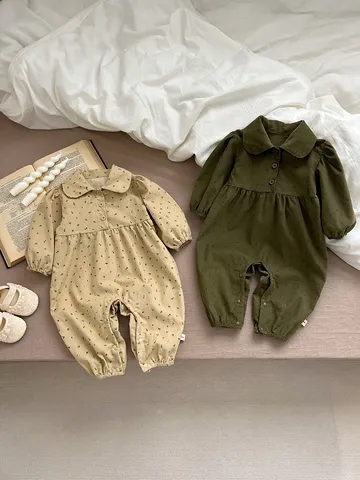 Infant Baby Girls Long Sleeve Romper Spring Autumn Cute Floral Lapel Single-Breasted Cotton Jumpsuit Newborn Clothes