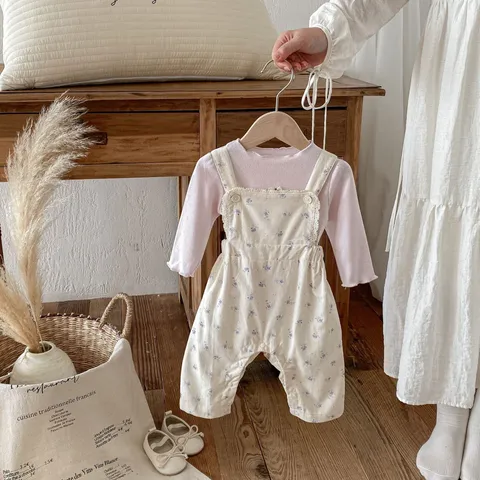 Baby Mädchen Herbst Baumwollmischung Langarm Basisshirt Und Blumige Latzhose Top Und Unten Set Säugling Süßes Strampler Outfit Kinderbekleidung