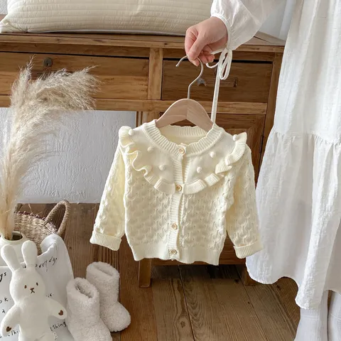 Baby Girls Knit Cardigan Sweater Cute Ruffle Collar Hollow Out Long Sleeve Button Down Infant Toddler Fall Top