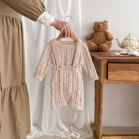 Infant Baby Unisex Knit Cable Knit Sweater And Bib Pants Set Pure Cotton Long Sleeve Pullover Toddler Outfit