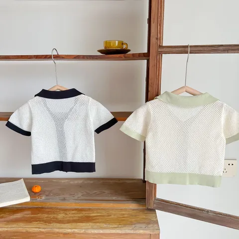 Baby Girls Summer Hollow Out Cotton Cardigan Short Sleeve Crew Neck Single-Breasted Knitwear