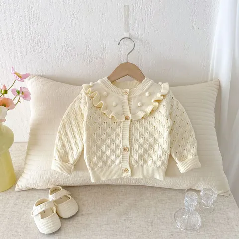 Baby Girls Knit Cardigan Sweater Cute Ruffle Collar Hollow Out Long Sleeve Button Down Infant Toddler Fall Top