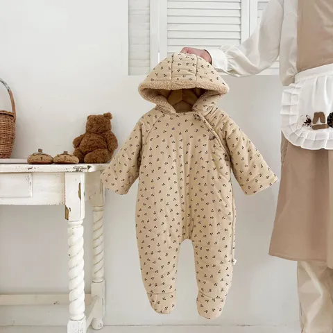 Baby Winter Hooded Romper Fleece Lined Cute Floral Printed Cotton Warm Newborn Infant Bodysuit Outerwear Jumpsuit