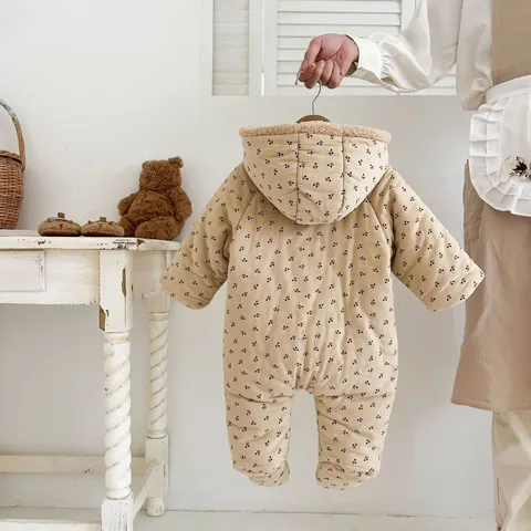 Baby Winter Hooded Romper Fleece Lined Cute Floral Printed Cotton Warm Newborn Infant Bodysuit Outerwear Jumpsuit