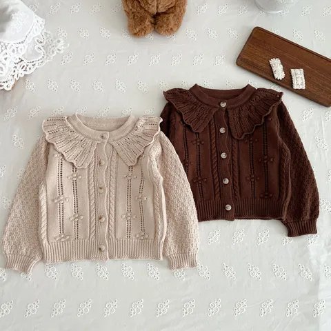 Infant Baby Girls Cotton Knit Cardigan Sweet Doll Collar Long Sleeve Solid Color Toddler Button Down Sweater Fall Spring Top