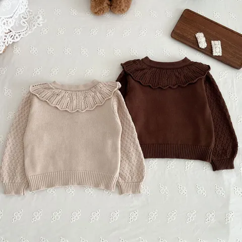 Infant Baby Girls Cotton Knit Cardigan Sweet Doll Collar Long Sleeve Solid Color Toddler Button Down Sweater Fall Spring Top