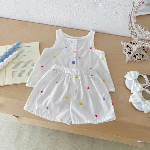 Bebé Niña Verano Algodón Conjunto de Ropa Sin Mangas Top Bordado de Corazón y Pantalones Cortos Dos Piezas