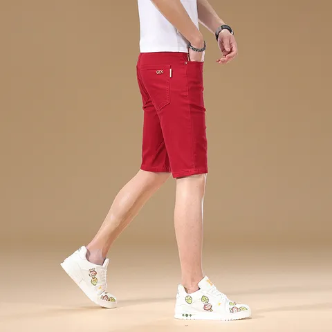 Herren Leichter Luxus Gewaschene Baumwolle Denim Shorts Slim Fit Einfarbig Elastische Lässige Mittellange Shorts Herren Hosen