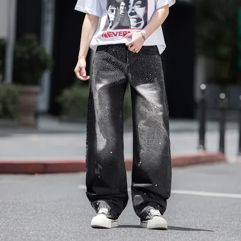 Ανδρικό Τζιν Παντελόνι High Street Streetwear Ίσια Γραμμή Χαλαρό Σκούρο Γκρι Ξεθωριασμένο Στρας Χάντρες Καθημερινό Μακρύ