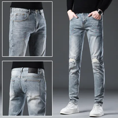 Ανδρικό Στενό Σκισμένο Τζιν Βαμβακερό Denim Κεντημένο με Πιτσιλιές Χρώματος Stretch Streetwear Μόδα Casual Μακρύ Παντελόνι