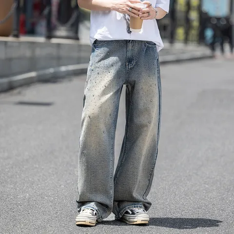 Ανδρικά American Vintage Φαρδιά Τζιν με Στρας High Street Πλυμένο Straight Φαρδύ Παντελόνι Denim Βαμβακερό Streetwear