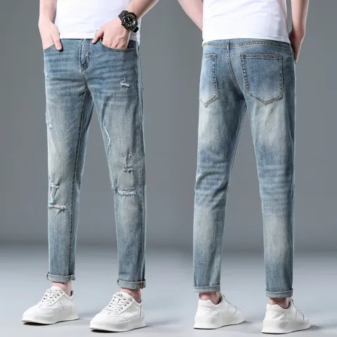 Ανδρικό Streetwear Σκισμένο Κωνικό Τζιν Ξεθωριασμένο Ξέπλυμα Cropped Παντελόνι Ντενίμ Ελαφρώς Ελαστικό Μεσαία Μέση