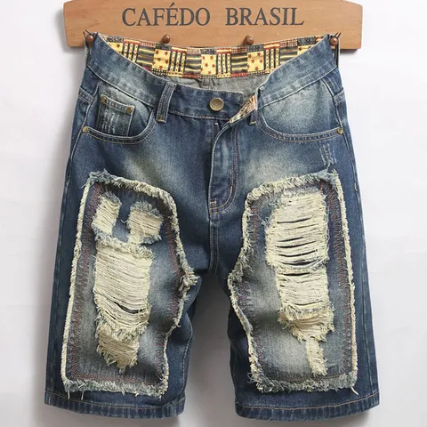 Ανδρικά Retro Washed Ripped Denim Shorts Distressed Patchwork Χαλαρό Ίσιο Μπατζάκι Retro Streetwear Μόδα Ξεβαμμένο Μπλε Denim Σορτς