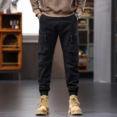 Ανδρικό Smart Casual Βαμβακερό Παντελόνι Cargo Μονόχρωμο Με Πολλές Τσέπες Ελαστικά Μποδογύρια Κωνικό Μακρύ Παντελόνι