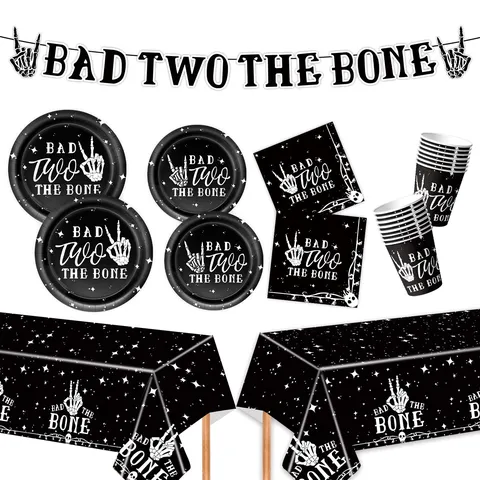 Bad Two The Bone Baby 2nd Birthday Party Tableware Set Skull Paper Plates Cups Napkins Tablecloth Banner Rock Theme Gothic Supplies