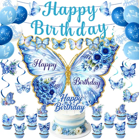 Blue Butterfly Theme Birthday Party Decorations Watercolor Floral Cake Toppers Banner Balloons Backdrop Hanging Swirls Set For Celebration Layout