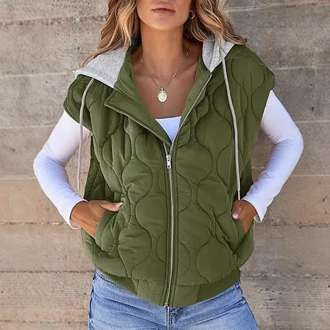 Women Autumn Color Block Hooded Vest Outerwear Loose Quilted Sleeveless Jacket With Drawstring Zipper Pockets Casual Top