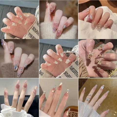 Sweet Artificial Pearl Bowknot False Nails Removable Rhinestone Press-on Nails For Women Daily Party DIY Nail Art Accessories