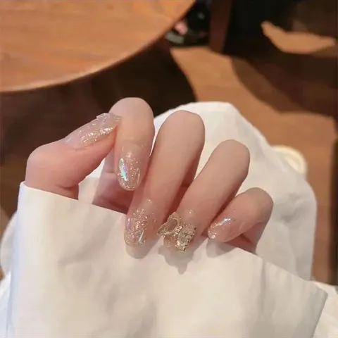 Sweet Artificial Pearl Bowknot False Nails Removable Rhinestone Press-on Nails For Women Daily Party DIY Nail Art Accessories