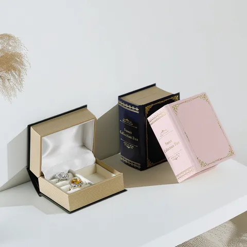 Vintage Buch Form Kunststoff Schmuckkästchen Kreativ Goldprägung Ring Ohrring Anhänger Aufbewahrungsbox Antrag Hochzeit Geschenk Organizer Box