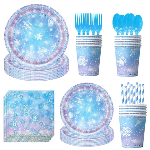 Frozen Schloss Schneeflocke Thema Geburtstag Party Geschirr Set Bedruckte Einwegteller Tassen Servietten Banner Ballons Party Deko