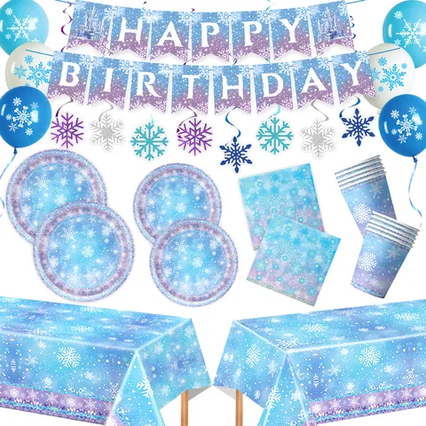 Frozen Schloss Schneeflocke Thema Geburtstag Party Geschirr Set Bedruckte Einwegteller Tassen Servietten Banner Ballons Party Deko