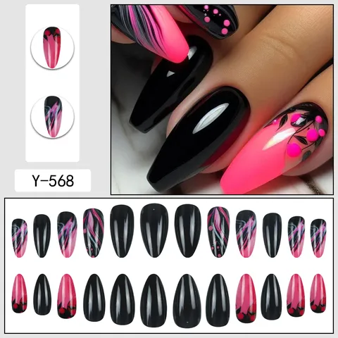 Elegant Almond Flower Pattern Press On Nails Black Pink Marble Design Glossy Long Waterdrop Fake Nails For Women Daily Dating Manicure Art